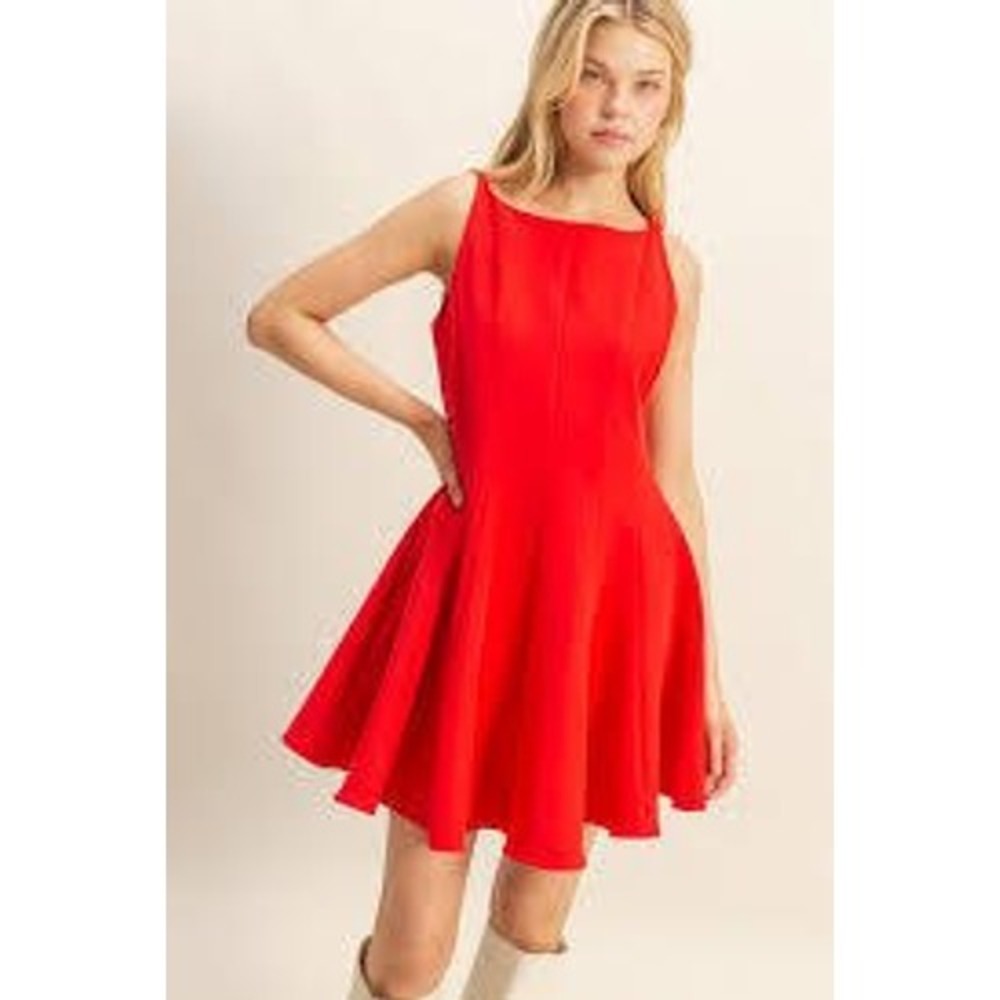 Hyfve Red Fit and Flare Mini Dress Sleeveless Boat Neck with Pockets Size L